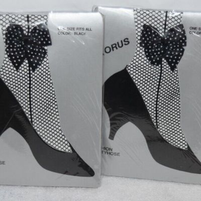 4 Korus Black Fishnet Tights Pantyhose Polka Dot Bow Side Seam Lot O/S 5'-5'8